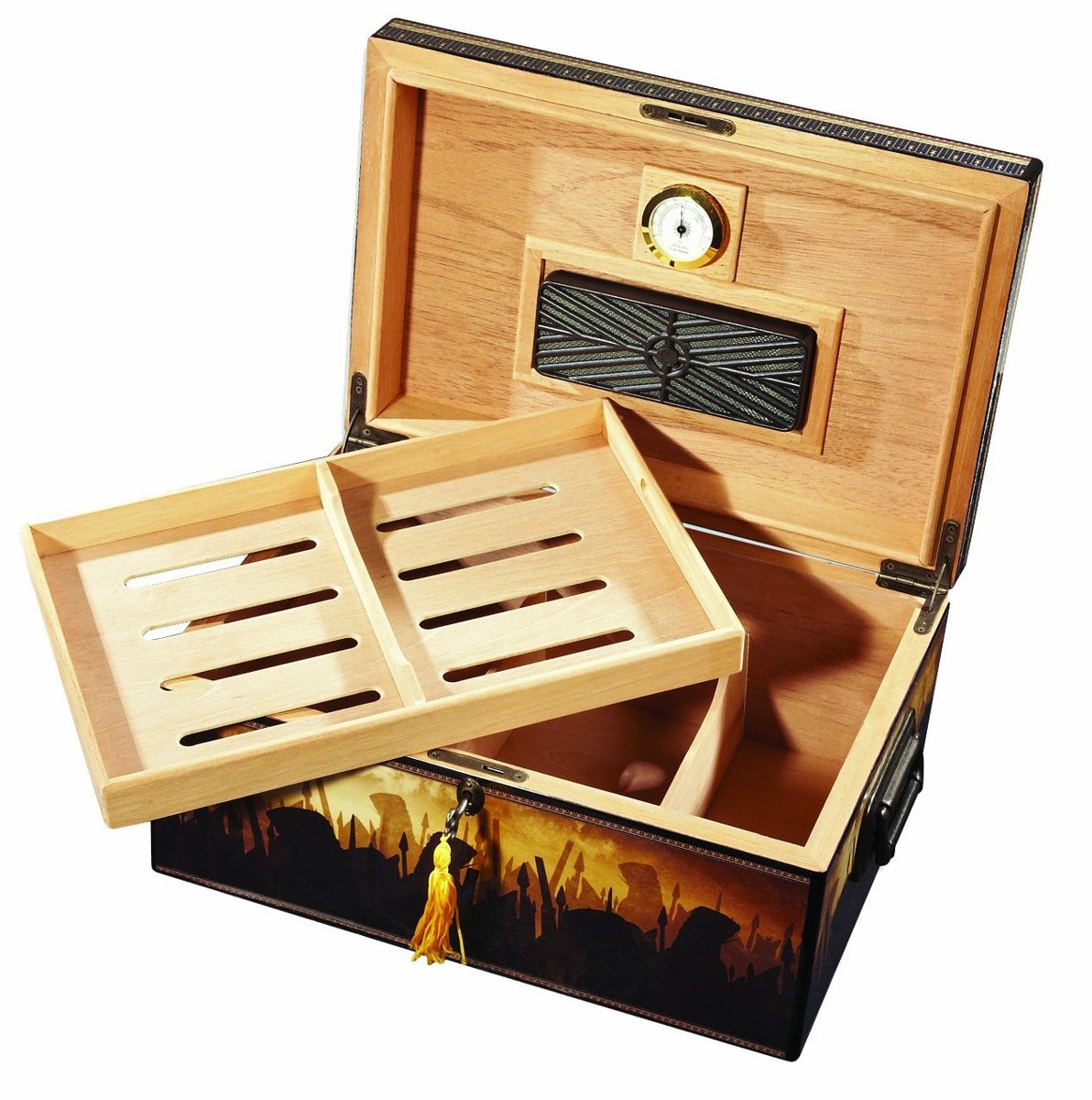 A humidor with a lift-out tray, a hygrometer, and a humidifier in the lid.