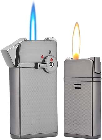 Two lighters: a jet flame (left) and a soft flame (right).